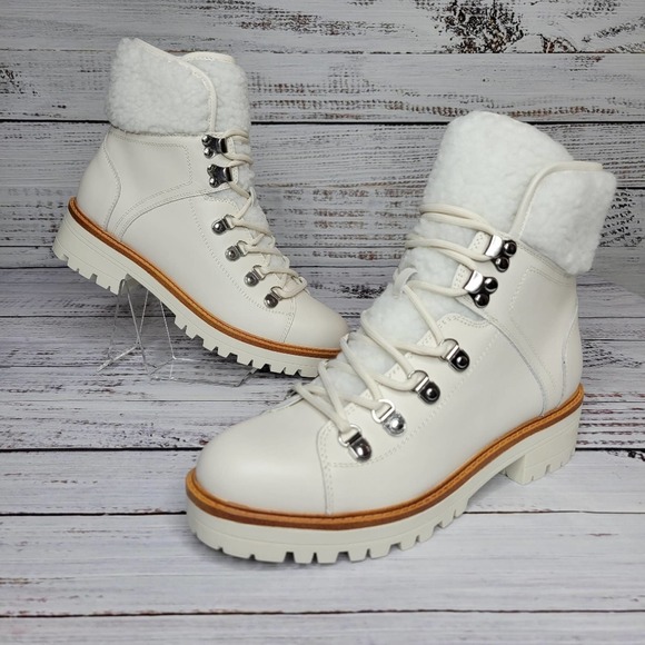 Marc Fisher Shoes - Marc Fisher Shearling Trim Lace Up Hiker Boots Ivory Leather Size 8